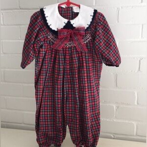Classic Vintage Red/Blue Plaid Baby Girl One-Piece Christmas Romper Sz 12 Months